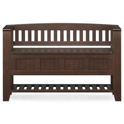 SIMPLIHOME Acadian Entryway Storage Bench - 48 inch Wide Solid Wood Hallway Seat with Shelf in Brunette Brown, Transitional Bench for Entryway or Living Room with Open Storage and Slatted Bottom