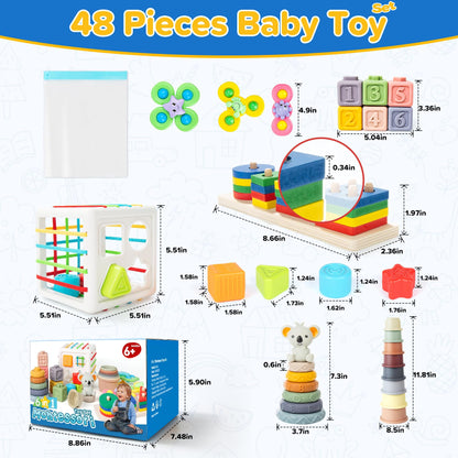 6-in-1 Baby Toys 6 to 12 Months, Montessori Toys for Babies 6-12-18 Months, Infant Teething Toy Stacking Blocks Rings Sensory Bin, Sorting Sensory Educational Learning Gift for Toddlers Aged 1-3