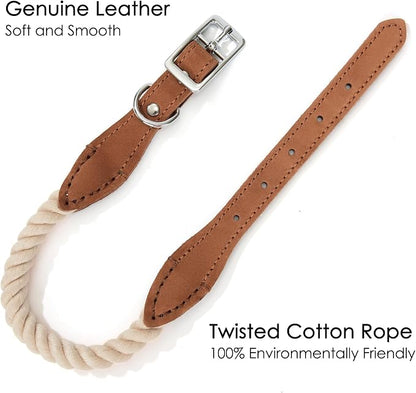 Mile High Life Genuine Leather Dog Collar, Durable Braided Cotton Rope Collar with Metal Pin Buckle for Small Medium Large Dogs (Beige, S Neck 11"-15")