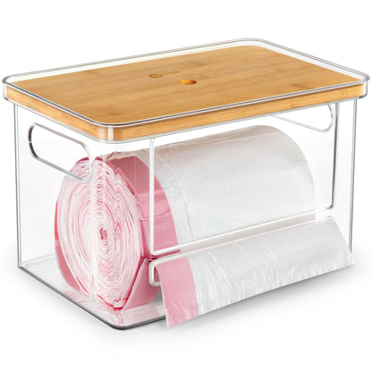 COZYCRAZE Stackable Trash Bag Dispenser with Wooden Top for Holding 13/30/33-Gallon Large Bag Sizes – Extra-Large Garbage Bag Holder with Anti-Slip Base, Trash Bag Dispenser Under Sink (11.5"x7.5"x7")