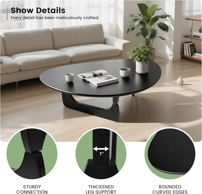Solid Wood Triangle Coffee Table,Unique Mid Century Modern Oval Coffee Table,Irregular Geometric Tea Tables for Home Living Room with Wooden Tabletop and Reinforced (Black, 33" L x 24" W x 16" H)