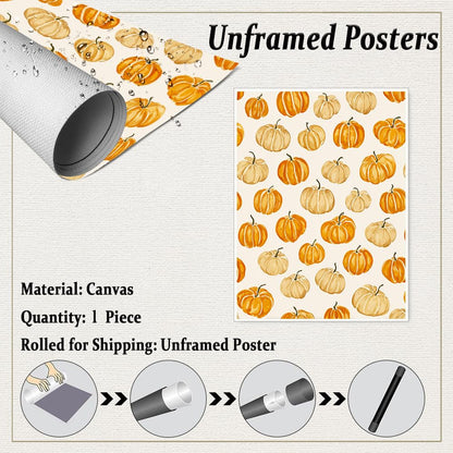 Pumpkin Pattern Wall Art – Modern Fall Illustration Print with Beige and Orange Gourds, Seasonal Autumn Canvas for Farmhouse Dining Room or Entryway 12x16in Unframed