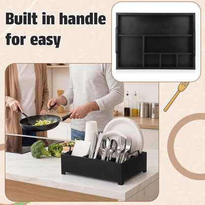 LemonRoad Wood Paper Plate Dispenser Rustic Silverware Utensil Caddy Cutlery Flatware Organizer with Handles 6 Compartments for Countertop Party Picnic Camping Buffet Kitchen Accessories(Black)