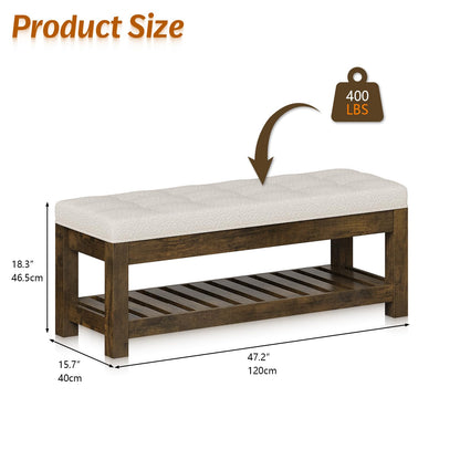 Welfuturer Large Upholstered Ottoman Bench Entryway Storage Benches Tufted Linen Ottoman Bench with Wood Shelf Padded End of Bed Bench for Bedroom Living Room Hallway Decor