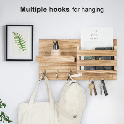 Lwenki Mail Organizer for Wall Mount – Key Holder with Shelf Includes Letter Holder and Hooks for Coats, Dog Leashes – Rustic Wood with Flush Mounting Hardware (16.5” x 8.7” x 3.5”) (Wood)