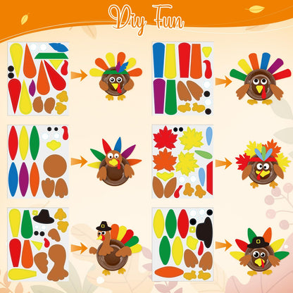 Cinrobiye 24 Sets Thanksgiving Turkey Craft Kits Fall Thanksgiving Ornaments Decorations Art Sets DIY Autumn Make a Turkey Crafts Stickers Arts and Crafts for Fall Party Classroom Activities (Cute)