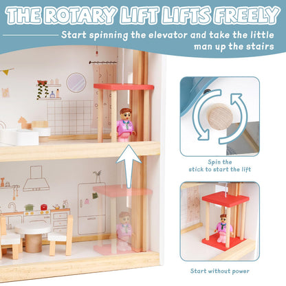 Wooden Dollhouse for Kids, 3-Story Wood Doll House Playset with Furniture, Accessories & 3 Toy Figures, DIY Pretend Play House for Toddlers, Girls & Boys, Miniature Dollhouse with Balcony Gift