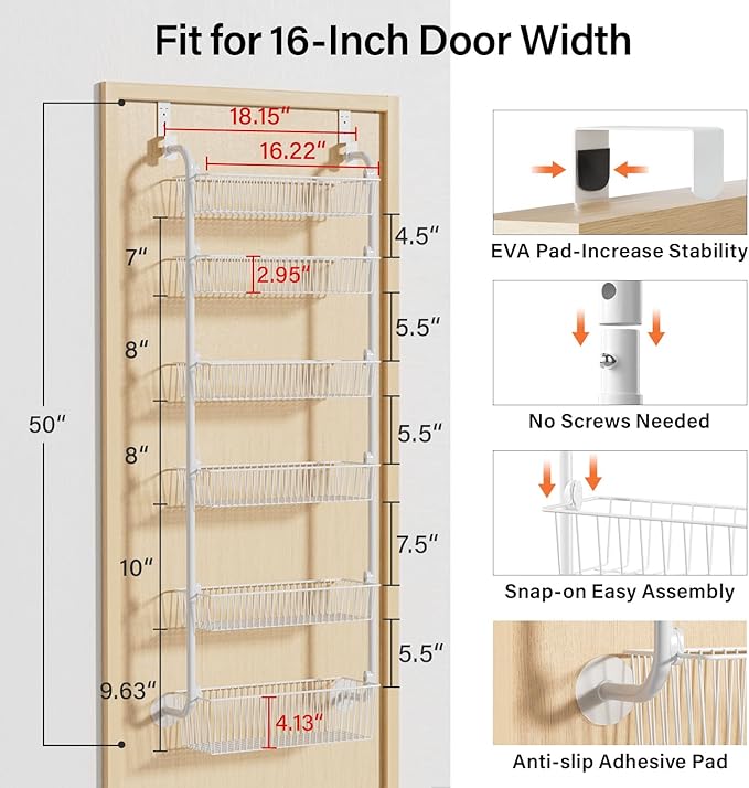 Delamu Large Over the Door Pantry Organizer, 6-Tier Metal Pantry Door