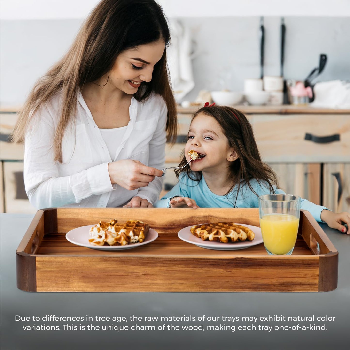 17 x 13 Inch Acacia Wood Serving Tray with Handles, Decorative Wooden Tray Featuring Dark Walnut-Tone Curved Corner Accents for Coffee Table, Ottoman & Kitchen Counter...