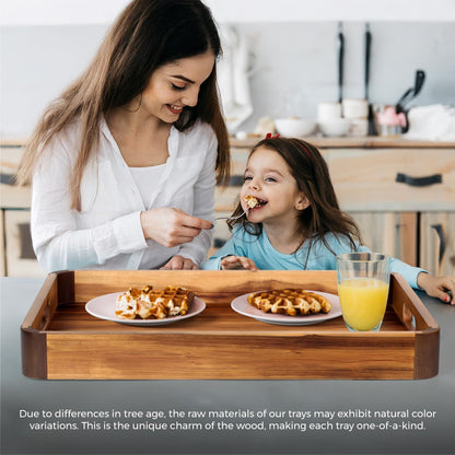 22 x 15.7 Inch Large Acacia Wood Serving Tray with Handles, Extra Spacious Decorative Wooden Tray with Dark Walnut-Tone Curved Corner Accents for Coffee Table, Ottoman & Kitchen Counter