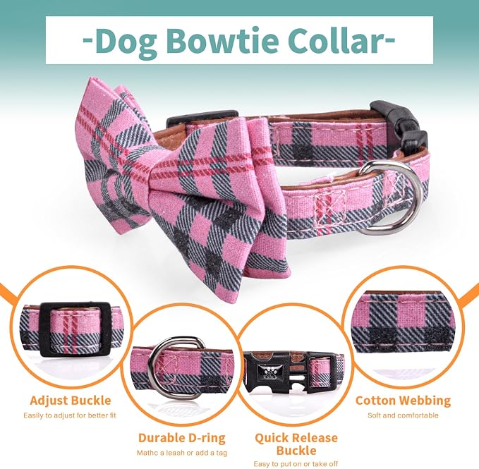 IVY&LANE Dog Collar with Bowtie and Leash Set | Plaid Adjustable Dog Collar | Detachable Bow Tie |5 FT Dog Leash | for Small Medium Large Dogs | Checkered Pink | Medium