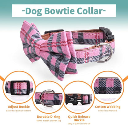 IVY&LANE Dog Collar with Bowtie and Leash Set | Plaid Adjustable Dog Collar | Detachable Bow Tie |5 FT Dog Leash | for Small Medium Large Dogs | Checkered Pink | Medium