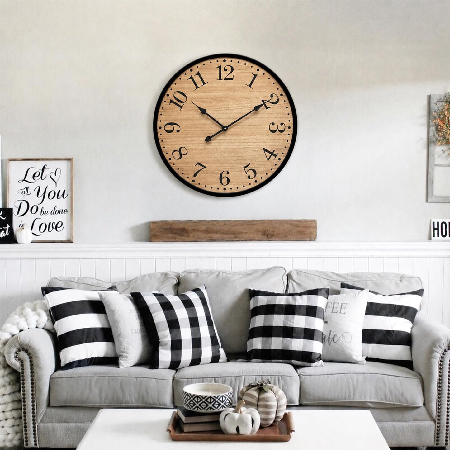 UPPER DECOR Rustic Farmhouse Wall Clocks for Living Room Decor, Large 24 inch Wall Clock with Dark Brown Wooden Face and Black Metal Frame, Silent Battery Operated for Kitchen Bedroom Entryway
