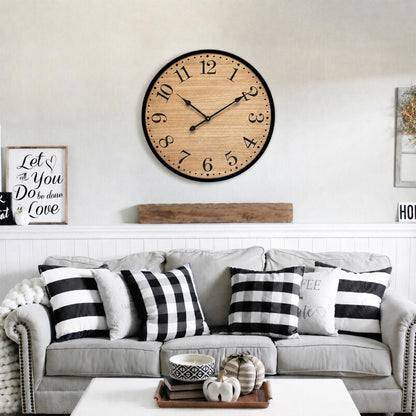 UPPER DECOR Rustic Farmhouse Wall Clocks for Living Room Decor, Large 24 inch Wall Clock with Dark Brown Wooden Face and Black Metal Frame, Silent Battery Operated for Kitchen Bedroom Entryway