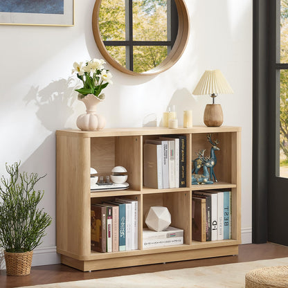 Joaxswe 6 Cube Storage Book Shelf, 40" Wide Low Horizontal Bookcase with Curved Edge, Floor Standing 2-Tier Wooden Bookshelf with Base, Modern Short Book Case for Bedroom, Study, Entryway, Natural Oak