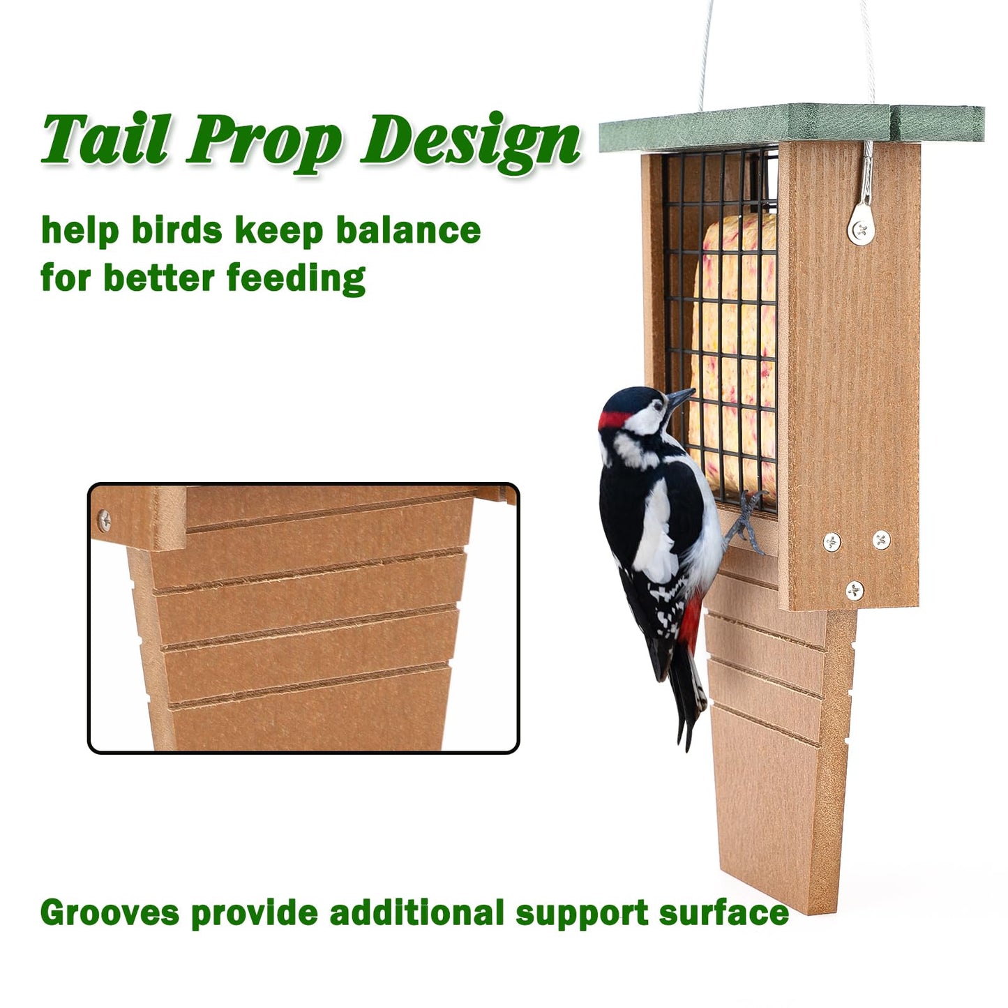 Gtongoko Recycled Plastic Suet Bird Feeder for Outside Hanging, Woodpecker Suet Feeder with Tail Prop, Hanging Suet Holder Birdfeeders, 1 Pack, Green