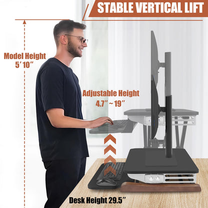 Electric Standing Desk Converter with Keyboard Tray, 26x16 Inch, Height Adjustable Sit to Stand Desk Riser with Unique Side Cover and Wooden Feet, Small Motorized Monitor Riser for Office & Home