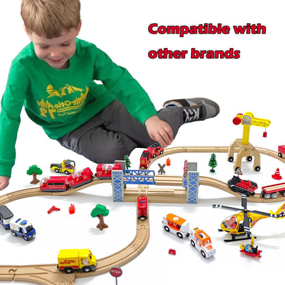 Battery Operated Rescue Fire Fighting Truck for Wooden Train Tracks with Figures Kids Magnetic Wooden Trains Set for Toddlers Boys 3-5 4-8 (Without Battery and Tracks)