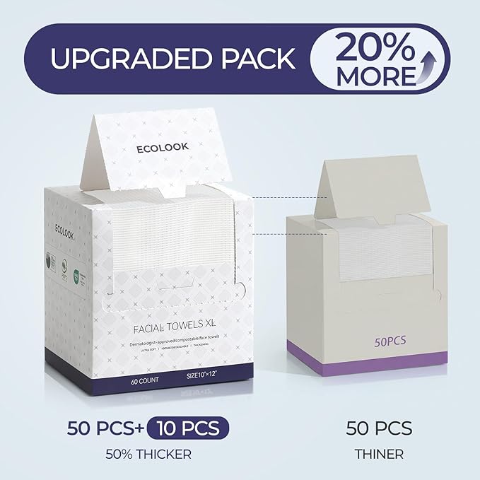 ECOLOOK Disposable Face Towel XL-60 Count Upgraded Thick Facial Towels