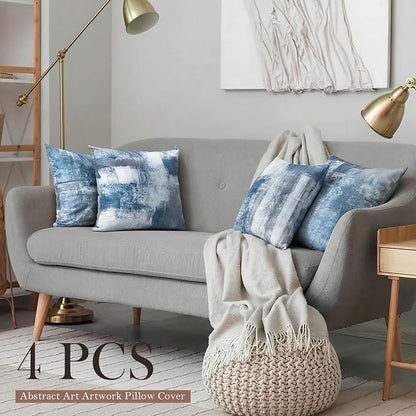 Set of 4 Blue and Grey Abstract Art Artwork Pillow Cover 20 x 20 Inch, Gallery Modern Decorative Throw Pillows Cushion Cover for Bedroom Sofa Living Room