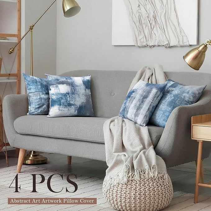 Set of 4 Blue and Grey Abstract Art Artwork Pillow Cover 16 x 16 Inch, Gallery Modern Decorative Throw Pillows Cushion Cover for Bedroom Sofa Living Room