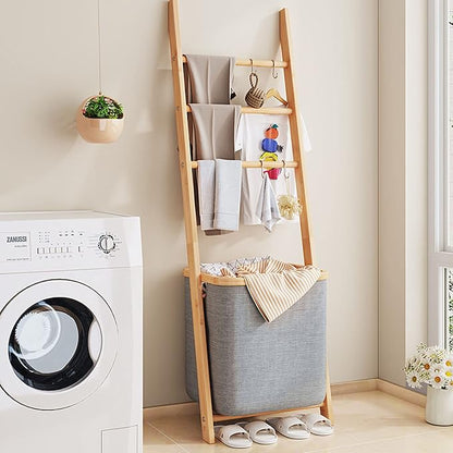 Blanket Ladder with Basket, Bamboo Towel Rack with Storage Hamper Basket, Wall Leaning Decorative Ladder Shelf, Drying Display Blanket Holder Rack for Bathroom Living Room (Grey)