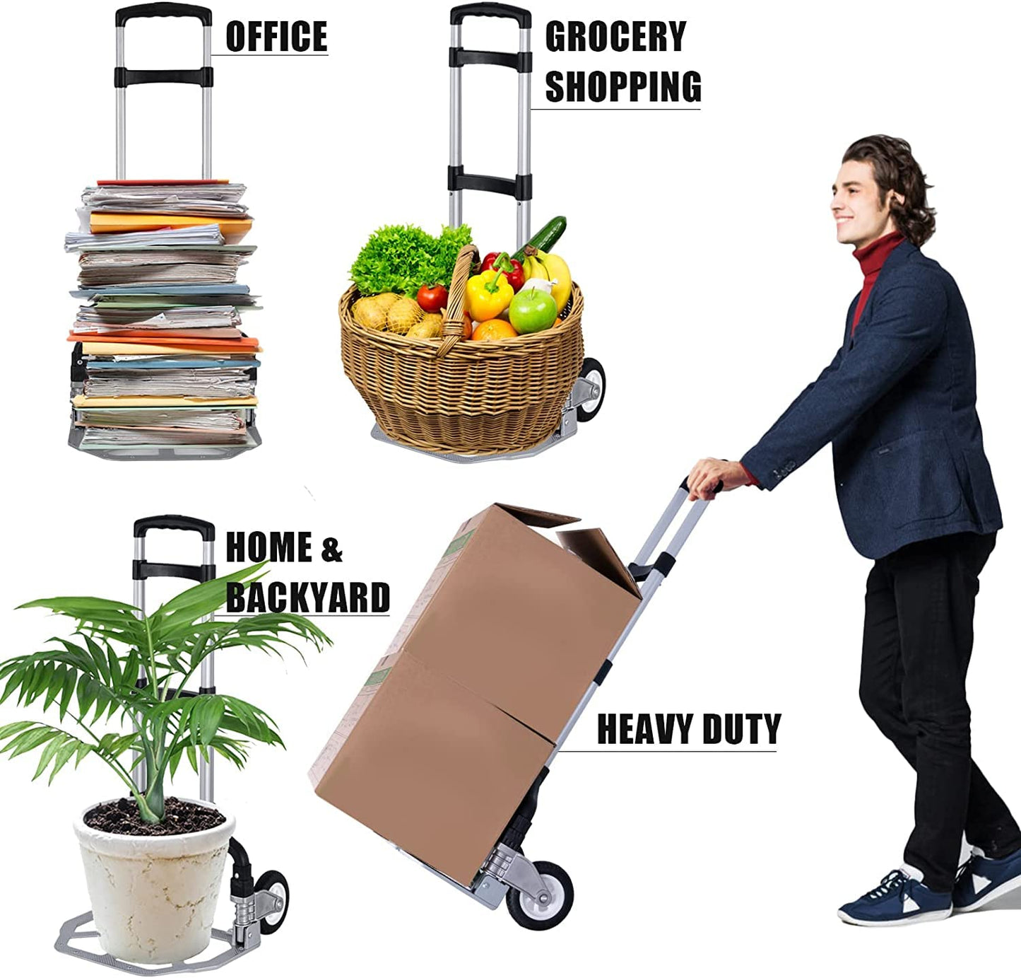 Folding Hand Truck Dolly Aluminum Folding Hand Cart Luggage Trolley Cart Max 175lbs Capacity Dolly Cart, with Telescoping Handle and Rubber Wheels, Double Bearings