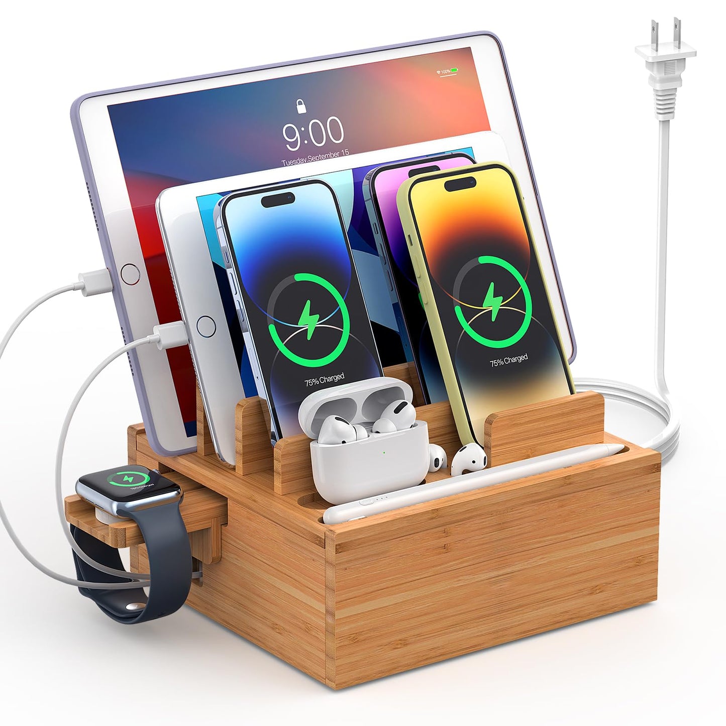 Pezin & Hulin Bamboo Charging Station Holder with 5 Port USB Charger, 5 x Charge Cables, Watch Stand, Wood Docking Stand Electronic Organizer for Multiple Devices, Phones, Tablets and Earpods