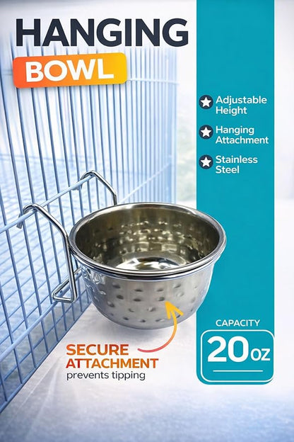 Stainless Steel Coop Cup with Hanger, None Spill Crate Water Bowl, Food Dish for Cage, Rabbit, Cats, Birds, Chicken, Reptiles. (20)