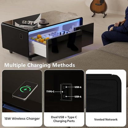 Smart Coffee Table with Fridge and Bluetooth, Smart Living Room Table with Frozen Drawers, Dual Speakers, 15W Wireless Charger, Touch Control, USB Ports, Atmosphere Light, LT90 Ultra-Black