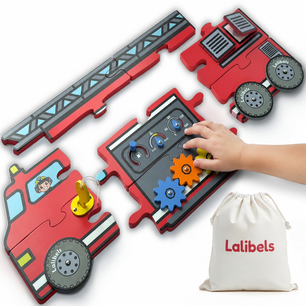 Lalibels Large Fire Truck Puzzle & Activity Toy for Toddlers 18 Months+, Montessori Fine Motor Learning Toy, Wooden Firetruck Birthday Gift for Boys Ages 1-3