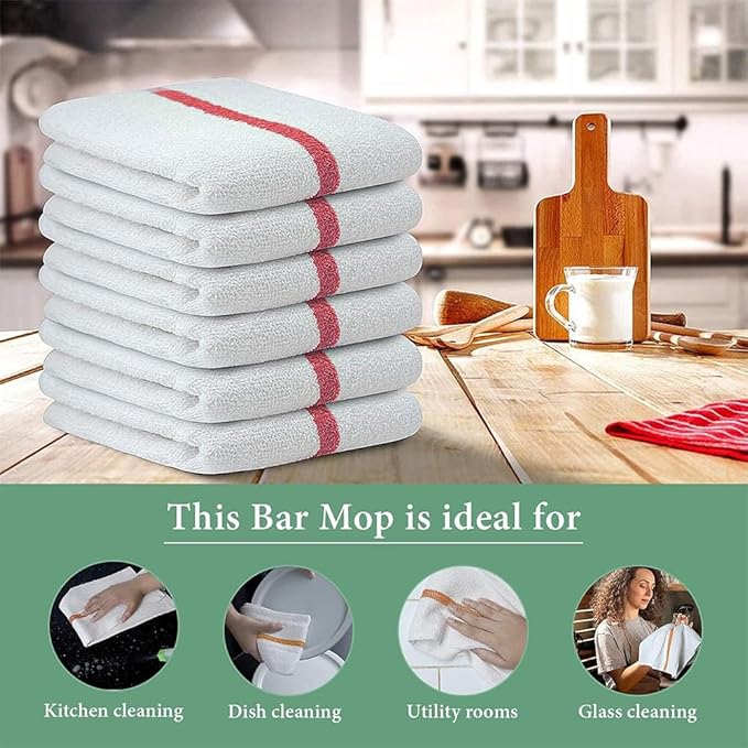Bar Mop Red Stripe 10 lbs 16x19 Pack of 60, 100% Cotton Double Stitched Route
