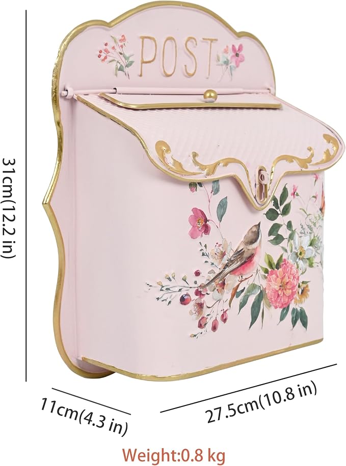 Vintage Wall Mount Mailbox for House Outside Metal Decorative Door Mailbox Antique Style Nostalgic Charm Home Decor Garden Vintage English Cottage for Home Garden House Farmhouse Porch Decor (Pink)