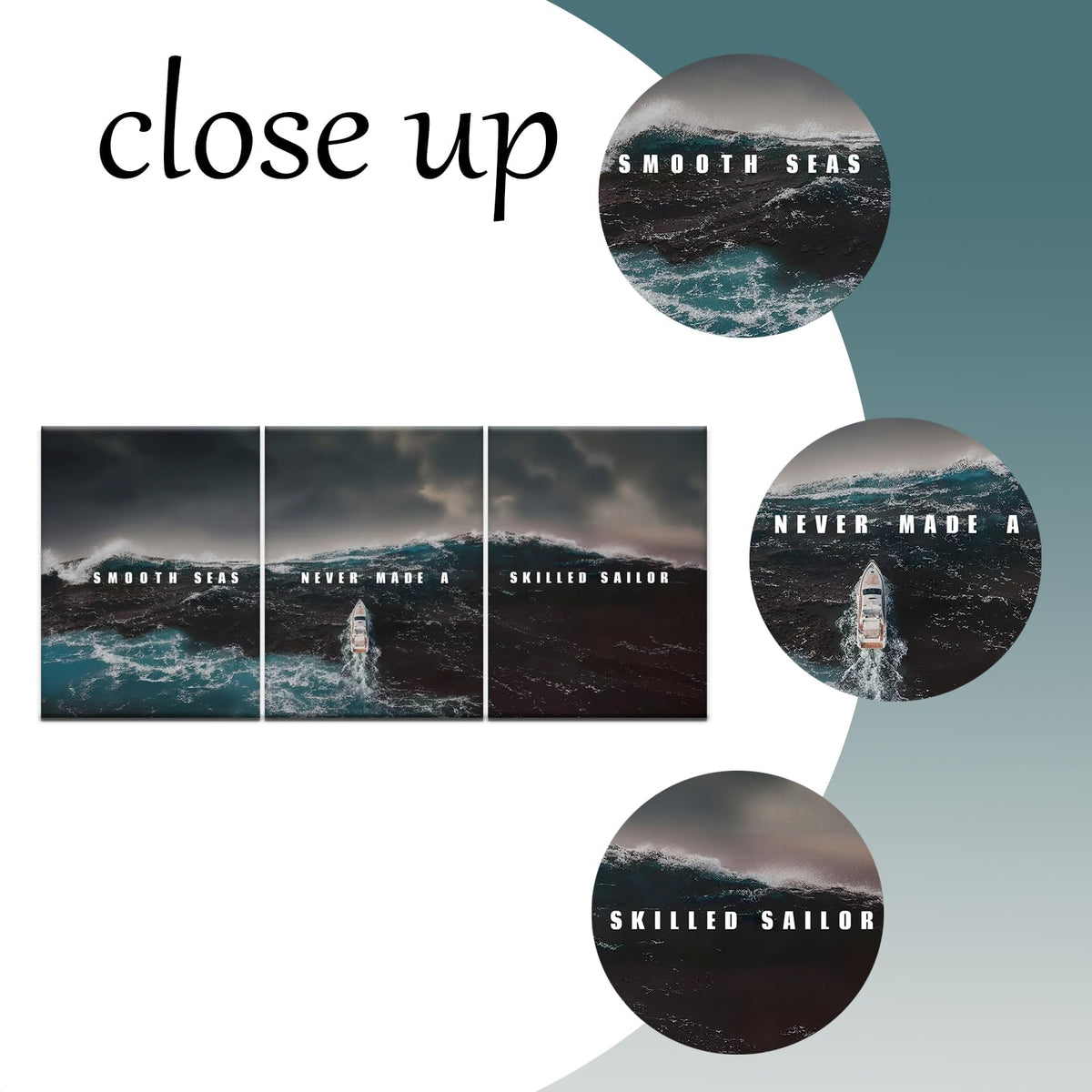 PSYYSP 3 Piece Canvas Wall Art Smooth Seas Never Made a Skilled Sailor Quote, Stormy Ocean Boat Triptych Wall Decor for Bedroom Office, Framed Canvas Prints Set 36x16 Inch