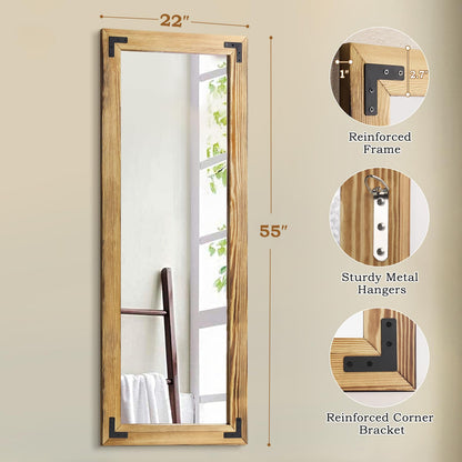 YNCLCS 55"x22" Full Length Mirror with Wooden Frame，Natural Wooden Standing Mirror, Solid Wood Frame, Hanging or Leaning Wall-Mounted, Suit for Farmhouse, Living Room, Bedroom (Light Brown)