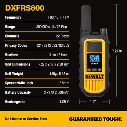 DEWALT DXFRS800 FRS Walkie Talkies Long Range 2 Way Radio, 2 Watt, Waterproof & Rechargeable, 2 Pack