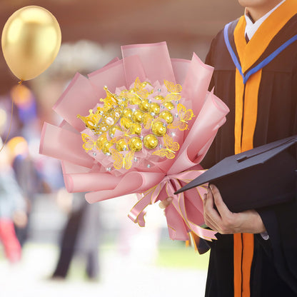 Funnymoom 109 Graduation DIY Chocolate Flower Bouquet Kit 2026 Candy Rose Clear Acrylic Lollipop Ball Holder Floral Wrapping Paper 3D Gold Butterfly Crown Ribbon Grad Gift(Pink)