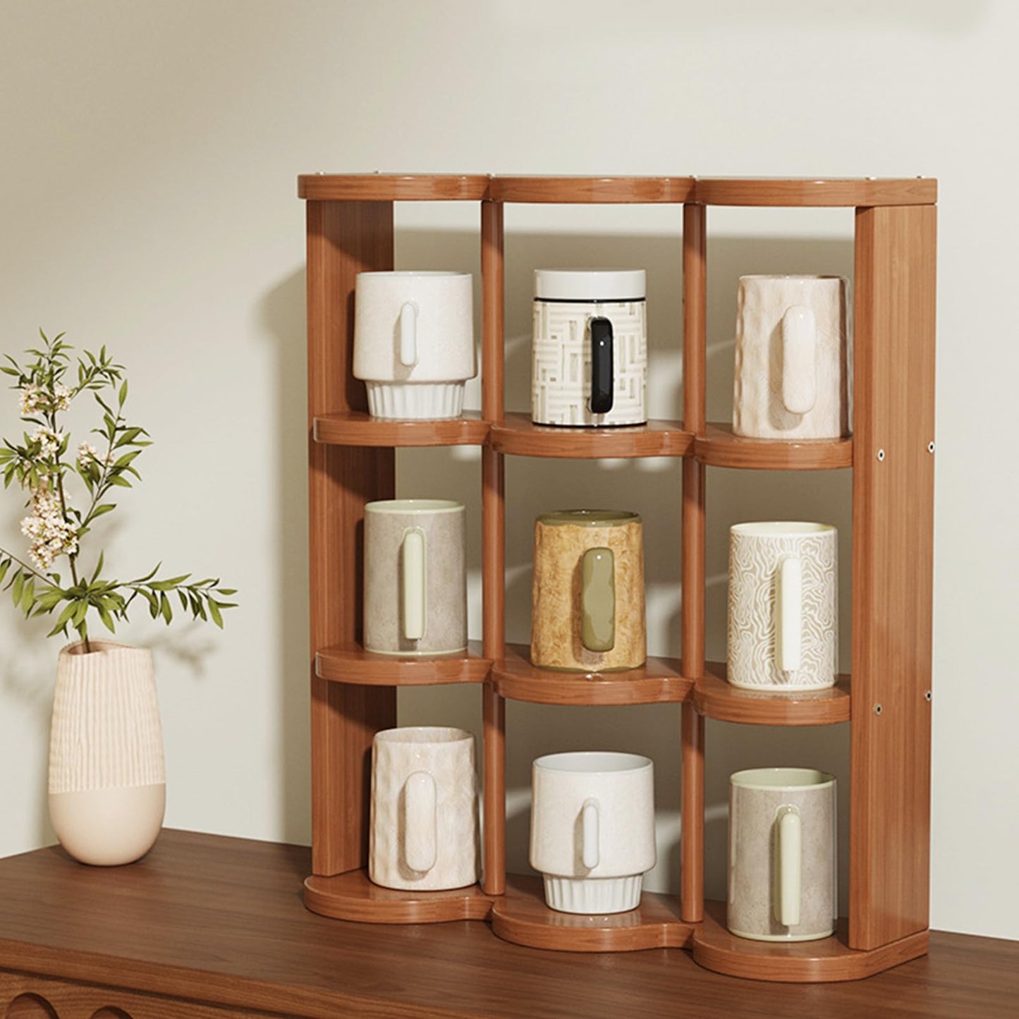 STEHEMO Wooden Coffee Mug Display Rack, Countertop Freestanding Grid Vintage Coffee Cup Display Stand, Rustic Coffee Mug Holder Organizer for Kitchen, Coffee Station,9 Grid
