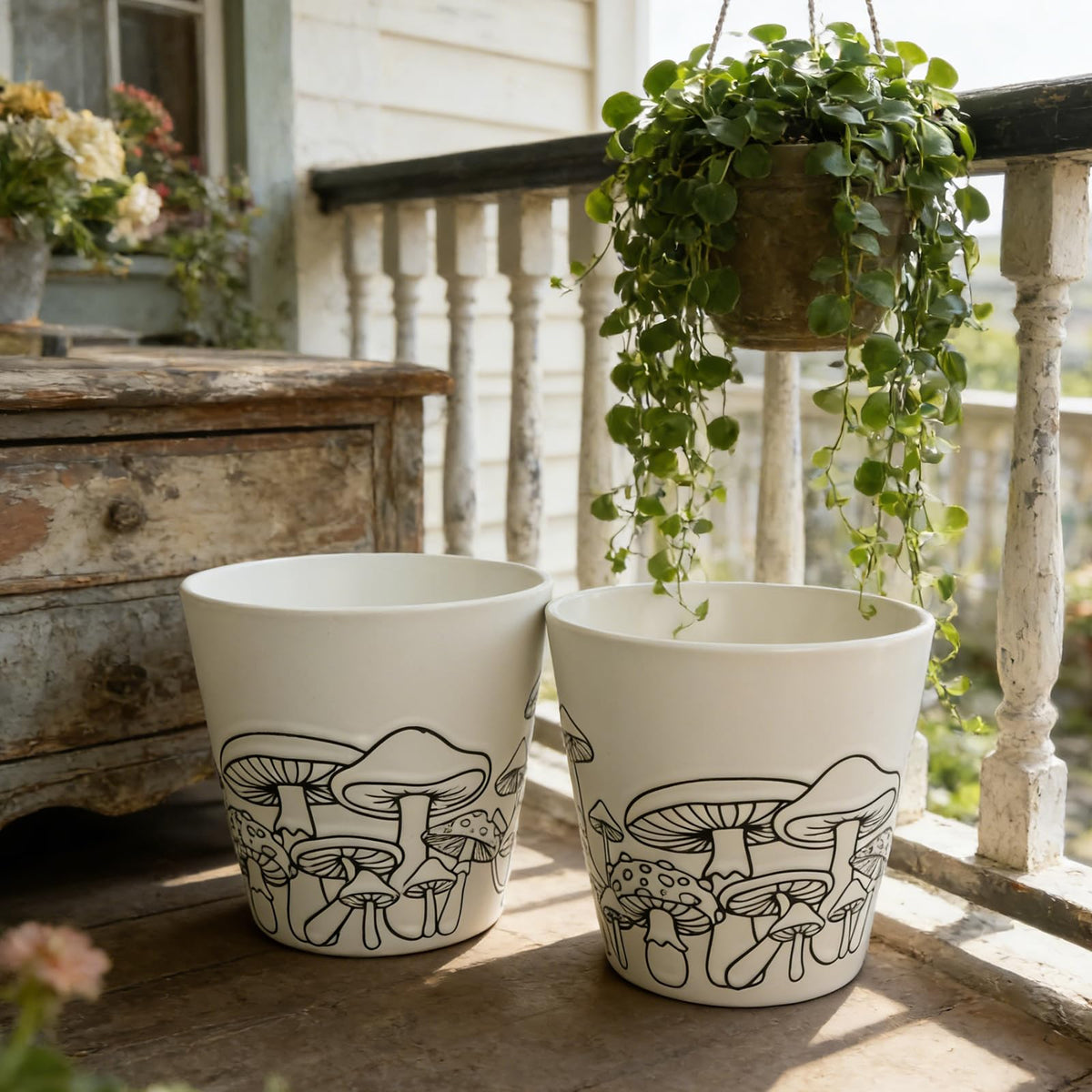Mushroom Planter，5.5in Unique Ceramic Flower Pot with Permeable Tray，Large Caliber Indoor Flowerpot with Mushroom Relief Sculpture，Creative Planters for Housewarming Gifts and Home Decor (2 piece)