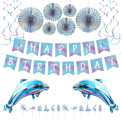 Dolphin Party Decorations Kit - Blue Ocean Theme Birthday Supplies with Balloons, Banner, Cupcake Toppers & Paper Fans for Kids and Adults