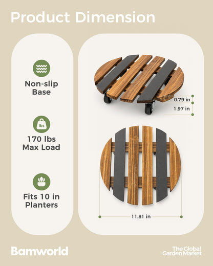 Bamworld Plant Caddy with Wheels 12in Rolling Plant Stand Non-Slip Wood Plant Dolly Lockable Swivel Casters Heavy Duty Holds 240lbs for Indoor Outdoor Large Plants Planter Caddy 2 Pack