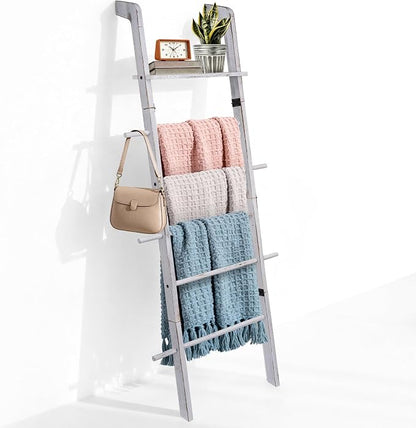 67" Wooden Blanket Ladder with Shelf and Hooks, 6-Tier Blanket Ladder for Living Room, Wall-Leaning Towel Ladder and Quilt Rack Storage, Farmhouse Decor Ladder for Display (Vintage White)