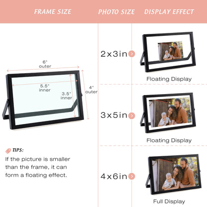 Golden State Art, 2 Pack, 4x6 Inch Metal Picture Frames, Floating Display for 3x5, 2x3 Photos, with Real Glass and Pull-Out Easel Stand for Tabletop Display (Horizontal) - Matte Black