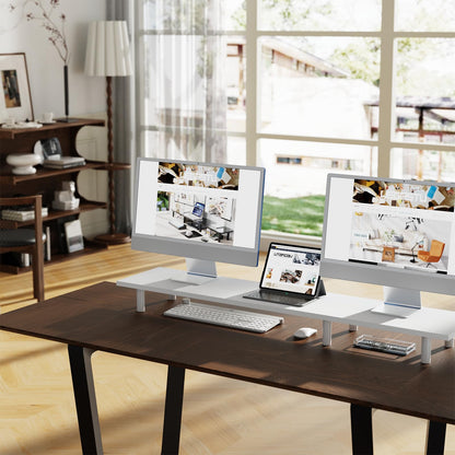 WEGASTU Large Dual Monitor Stand Riser 43.3IN，White Home Office Storage For Desk Accessories，Solid Wod Desk With Adjustable Legs For computer/PC/Laptop/Printer/Container/dressing table