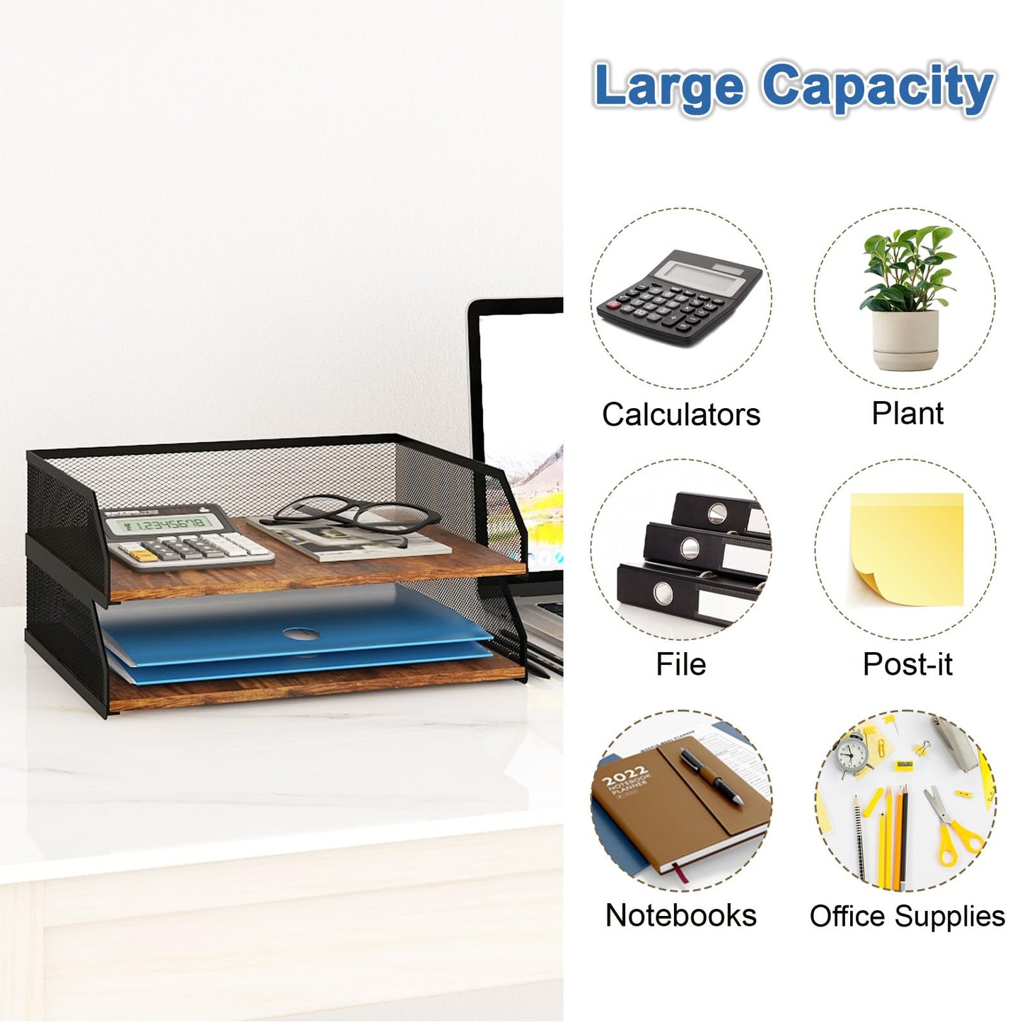 Natwind 2-Tier Stackable Paper Tray, Metal Mesh Desktop Organizer, Paper Sorter, Letter Trays, File Document Storage Rack for Home, Office, School, Retro