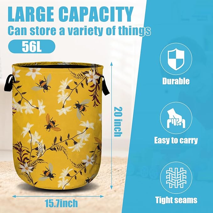 Bee Flower Laundry Basket, Spring Floral Laundry Hamper Collapsible Oxford Cloth