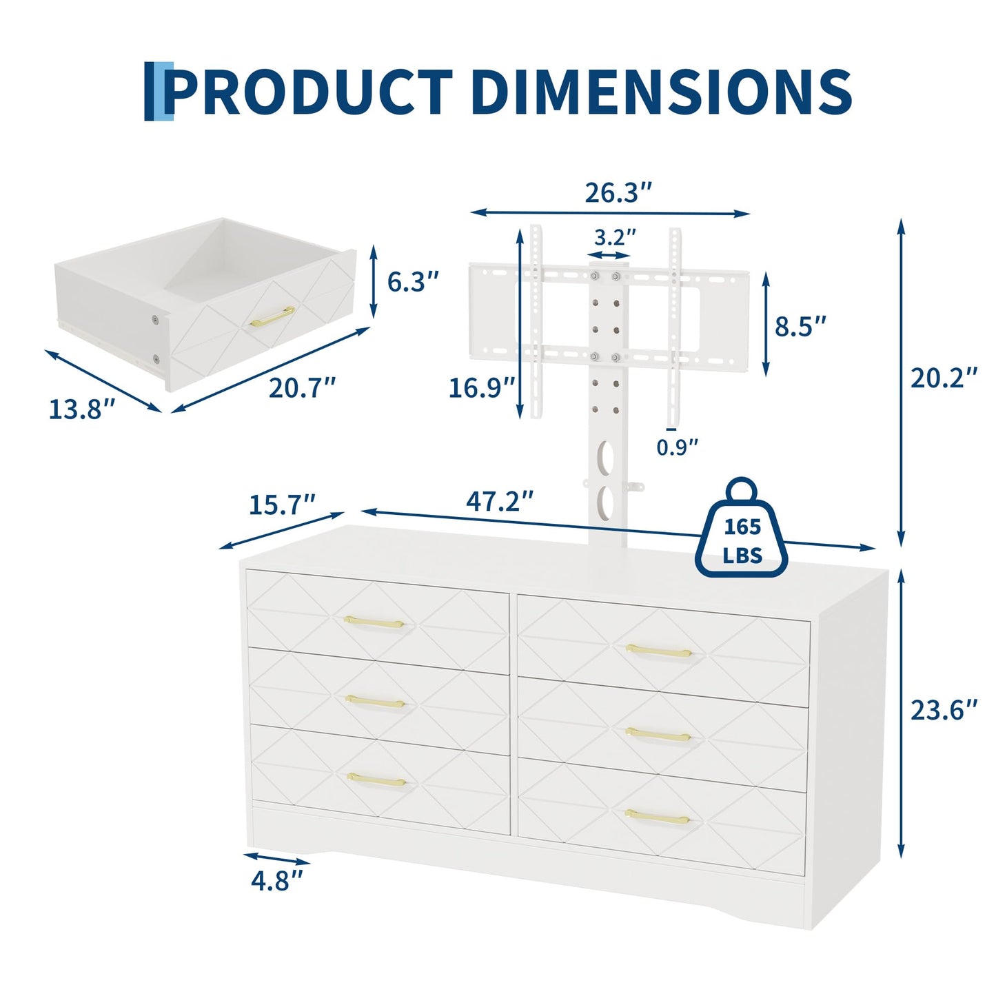 GarveeHome White Entertainment Center with 6 Storage Drawers for Bedroom Living Room, Universal TV Stand with Mount Fit 32"-80" TVs, Farmhouse Wooden Media Console Tables with Height Adjustable Mount
