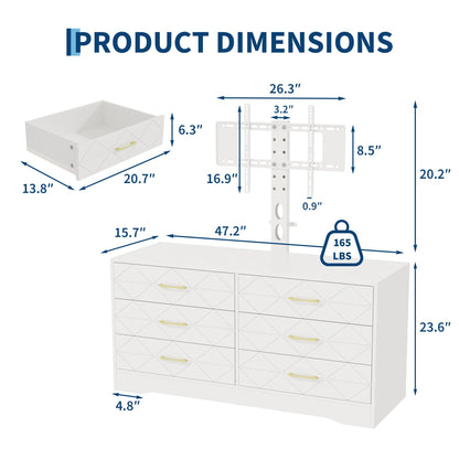 GarveeHome White Entertainment Center with 6 Storage Drawers for Bedroom Living Room, Universal TV Stand with Mount Fit 32"-80" TVs, Farmhouse Wooden Media Console Tables with Height Adjustable Mount