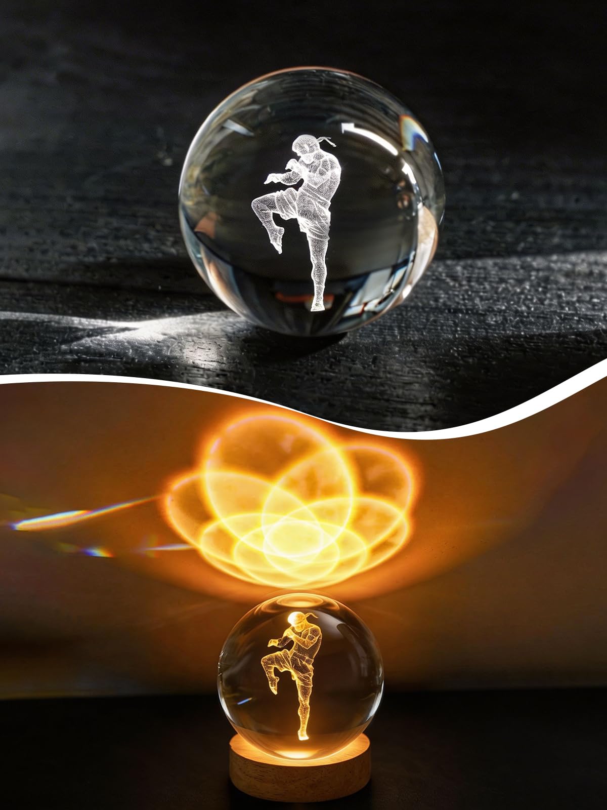 Ammonite Muay Thai Crystal Ball 3D Night Light, 16 Colors Changing with Remote Control Wooden Base, Glass Figurines Statue, Christmas Birthday Gifts for Nak Muay Kids Boys Men