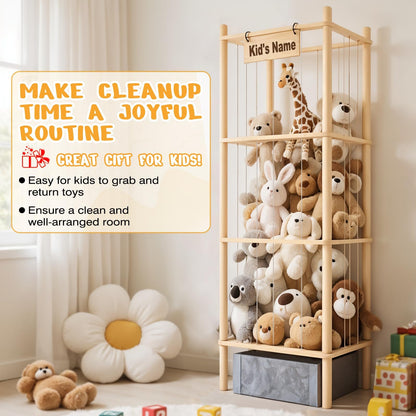 WORLDMX Stuffed Animal Storage with Toys Tray, 57In Large Wooden Stuffy Plushies Storage Holder Extra Large Capacity Stuffed Animals Zoo Organizer for Toddler Rooms, Playrooms & Bedrooms